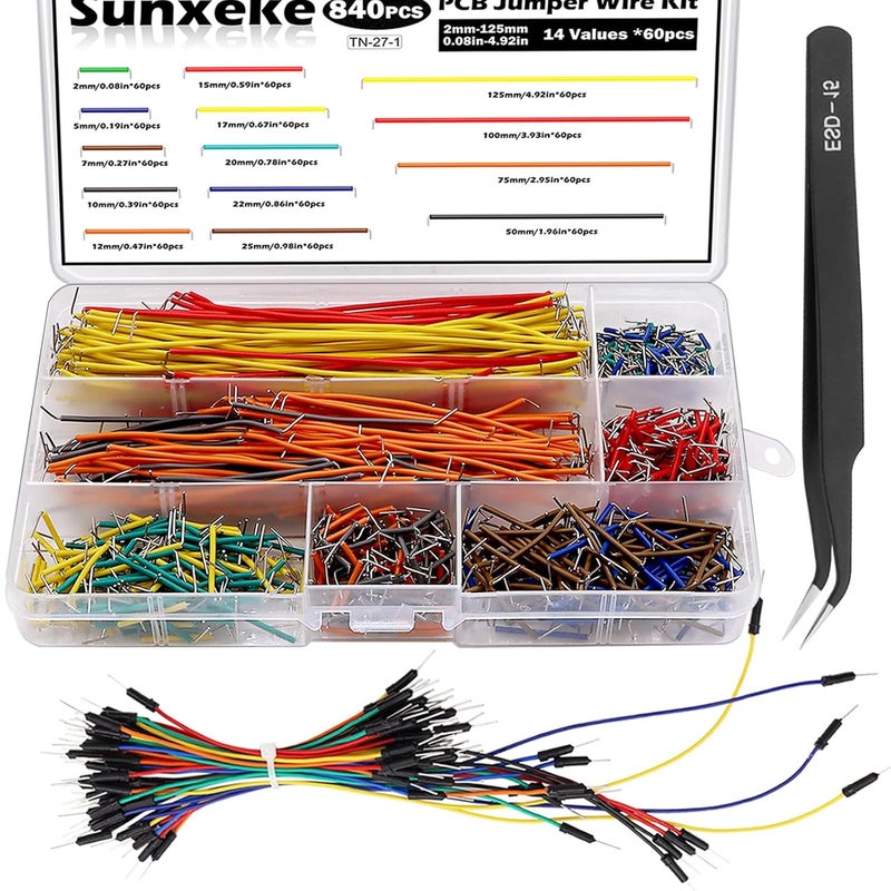 Sunxeke 840Pcs Jumper Wire Kit Solderless Flexible Breadboard 14 Lengths Assorted Preformed Breadboard with 65Pcs Breadboard Jumper Wires, Tweezers & Plastic Box - Image 1